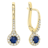0.45 Carat (ctw) 18K Yellow Gold Round Blue Sapphire & White Diamond Ladies Halo Style Dangling Drop Earrings 1/2 CT