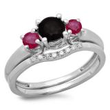 1.15 Carat (ctw) 10K White Gold Round Cut Red Ruby Black & White Diamond Ladies Bridal 3 Stone Engagement Ring With Matching Wedding Band Set