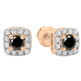 0.50 Carat (ctw) 14K Rose Gold Round Cut Black & White Diamond Ladies Square Frame Halo Stud Earrings 1/2 CT