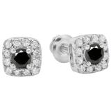 0.50 Carat (ctw) 14K White Gold Round Cut Black & White Diamond Ladies Square Frame Halo Stud Earrings 1/2 CT