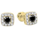 0.50 Carat (ctw) 14K Yellow Gold Round Cut Black & White Diamond Ladies Square Frame Halo Stud Earrings 1/2 CT