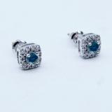 0.50 Carat (ctw) 10K White Gold Round Cut Blue & White Diamond Ladies Square Frame Halo Stud Earrings 1/2 CT