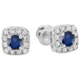 0.50 Carat (ctw) 10K White Gold Round Cut Blue Sapphire & White Diamond Ladies Square Frame Halo Stud Earrings 1/2 CT