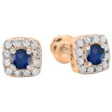 0.50 Carat (ctw) 14K Rose Gold Round Cut Blue Sapphire & White Diamond Ladies Square Frame Halo Stud Earrings 1/2 CT