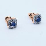 0.50 Carat (ctw) 14K Rose Gold Round Cut Blue Sapphire & White Diamond Ladies Square Frame Halo Stud Earrings 1/2 CT