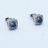 0.50 Carat (ctw) 14K White Gold Round Cut Blue Sapphire & White Diamond Ladies Square Frame Halo Stud Earrings 1/2 CT