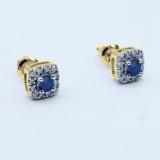0.50 Carat (ctw) 18K Yellow Gold Round Cut Blue Sapphire & White Diamond Ladies Square Frame Halo Stud Earrings 1/2 CT