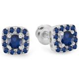 0.50 Carat (ctw) 10K White Gold Round Cut Blue Sapphire Ladies Square Frame Halo Stud Earrings 1/2 CT