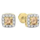 0.50 Carat (ctw) 10K Yellow Gold Round Cut Champagne & White Diamond Ladies Square Frame Halo Stud Earrings 1/2 CT