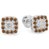 0.50 Carat (ctw) 10K White Gold Round Cut Champagne & White Diamond Ladies Square Frame Halo Stud Earrings 1/2 CT