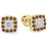 0.50 Carat (ctw) 10K Yellow Gold Round Cut Champagne & White Diamond Ladies Square Frame Halo Stud Earrings 1/2 CT