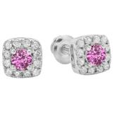 0.50 Carat (ctw) 10K White Gold Round Cut Pink Sapphire & White Diamond Ladies Square Frame Halo Stud Earrings 1/2 CT