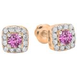 0.50 Carat (ctw) 14K Rose Gold Round Cut Pink Sapphire & White Diamond Ladies Square Frame Halo Stud Earrings 1/2 CT