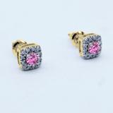 0.50 Carat (ctw) 14K Yellow Gold Round Cut Pink Sapphire & White Diamond Ladies Square Frame Halo Stud Earrings 1/2 CT