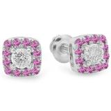 0.50 Carat (ctw) 18K White Gold Round Cut Pink Sapphire & White Diamond Ladies Square Frame Halo Stud Earrings 1/2 CT