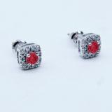 0.50 Carat (ctw) 10K White Gold Round Cut Ruby & White Diamond Ladies Square Frame Halo Stud Earrings 1/2 CT
