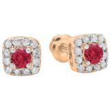 0.50 Carat (ctw) 18K Rose Gold Round Cut Ruby & White Diamond Ladies Square Frame Halo Stud Earrings 1/2 CT