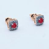0.50 Carat (ctw) 18K Rose Gold Round Cut Ruby & White Diamond Ladies Square Frame Halo Stud Earrings 1/2 CT