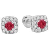 0.50 Carat (ctw) 18K White Gold Round Cut Ruby & White Diamond Ladies Square Frame Halo Stud Earrings 1/2 CT