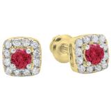 0.50 Carat (ctw) 18K Yellow Gold Round Cut Ruby & White Diamond Ladies Square Frame Halo Stud Earrings 1/2 CT
