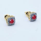 0.50 Carat (ctw) 18K Yellow Gold Round Cut Ruby & White Diamond Ladies Square Frame Halo Stud Earrings 1/2 CT
