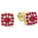0.50 Carat (ctw) 14K Yellow Gold Round Cut Ruby Diamond Ladies Square Frame Halo Stud Earrings 1/2 CT