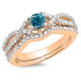 1.00 Carat (ctw) 10K Rose Gold Round Cut Blue & White Diamond Ladies Bridal Swirl Split Shank Engagement Ring With Matching Band Set 1 CT
