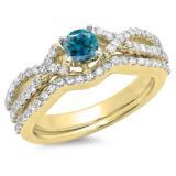 1.00 Carat (ctw) 10K Yellow Gold Round Cut Blue & White Diamond Ladies Bridal Swirl Split Shank Engagement Ring With Matching Band Set 1 CT