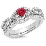 1.00 Carat (ctw) 10K White Gold Round Cut Red Ruby & White Diamond Ladies Bridal Swirl Split Shank Engagement Ring With Matching Band Set 1 CT