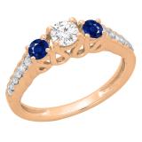 0.75 Carat (ctw) 10K Rose Gold Round Cut Blue Sapphire & White Diamond Ladies Bridal 3 Stone Engagement Ring 3/4 CT
