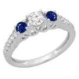0.75 Carat (ctw) 10K White Gold Round Cut Blue Sapphire & White Diamond Ladies Bridal 3 Stone Engagement Ring 3/4 CT