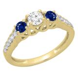 0.75 Carat (ctw) 10K Yellow Gold Round Cut Blue Sapphire & White Diamond Ladies Bridal 3 Stone Engagement Ring 3/4 CT
