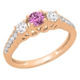 0.75 Carat (ctw) 14K Rose Gold Round Cut Pink Sapphire & White Diamond Ladies Bridal 3 Stone Engagement Ring 3/4 CT