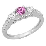 0.75 Carat (ctw) 14K White Gold Round Cut Pink Sapphire & White Diamond Ladies Bridal 3 Stone Engagement Ring 3/4 CT