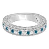 1.60 Carat (ctw) 10K White Gold Round Cut Blue & White Diamond Ladies Milgrain Anniversary Wedding Stackable Band