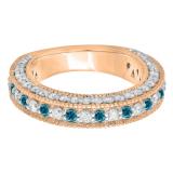 1.60 Carat (ctw) 14K Rose Gold Round Cut Blue & White Diamond Ladies Milgrain Anniversary Wedding Stackable Band