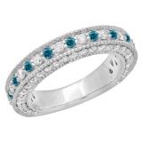 1.60 Carat (ctw) 18K White Gold Round Cut Blue & White Diamond Ladies Milgrain Anniversary Wedding Stackable Band