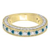 1.60 Carat (ctw) 18K Yellow Gold Round Cut Blue & White Diamond Ladies Milgrain Anniversary Wedding Stackable Band