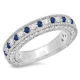 1.60 Carat (ctw) 14K White Gold Round Cut Blue Sapphire & White Diamond Ladies Milgrain Anniversary Wedding Stackable Band