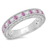 1.60 Carat (ctw) 14K White Gold Round Cut Pink Sapphire & White Diamond Ladies Milgrain Anniversary Wedding Stackable Band