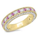 1.60 Carat (ctw) 14K Yellow Gold Round Cut Pink Sapphire & White Diamond Ladies Milgrain Anniversary Wedding Stackable Band