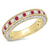 1.60 Carat (ctw) 14K Yellow Gold Round Cut Ruby & White Diamond Ladies Milgrain Anniversary Wedding Stackable Band