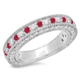 1.60 Carat (ctw) 18K White Gold Round Cut Ruby & White Diamond Ladies Milgrain Anniversary Wedding Stackable Band
