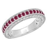 1.60 Carat (ctw) 14K White Gold Round Cut Ruby & White Diamond Ladies Milgrain Anniversary Wedding Stackable Band