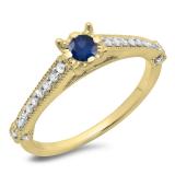 0.40 Carat (ctw) 10K Yellow Gold Round Cut Blue Sapphire & White Diamond Ladies Bridal Solitaire With Accents Engagement Ring