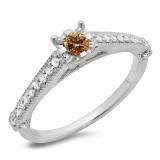 0.40 Carat (ctw) 10K White Gold Round Cut Champagne & White Diamond Ladies Bridal Solitaire With Accents Engagement Ring