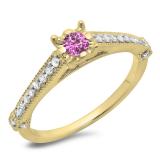 0.40 Carat (ctw) 18K Yellow Gold Round Cut Pink Sapphire & White Diamond Ladies Bridal Solitaire With Accents Engagement Ring