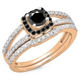 1.00 Carat (ctw) 18K Rose Gold Round Black & White Diamond Ladies Split Shank Halo Bridal Engagement Ring With Matching Band Set 1 CT