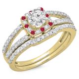 1.00 Carat (ctw) 10K Yellow Gold Round Ruby & White Diamond Ladies Split Shank Halo Bridal Engagement Ring With Matching Band Set 1 CT