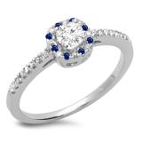 0.45 Carat (ctw) 10K White Gold Round Cut Blue Sapphire & White Diamond Ladies Halo Style Bridal Engagement Ring 1/2 CT